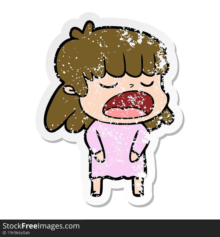 distressed sticker of a cartoon woman talking loudly