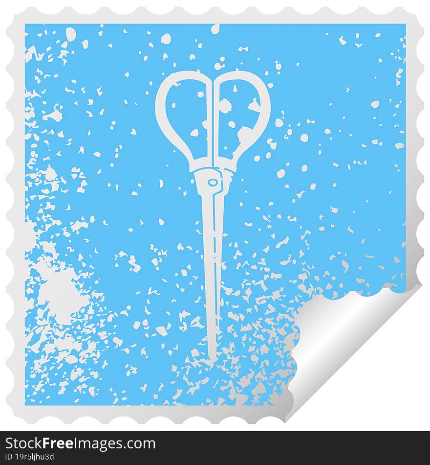 quirky distressed square peeling sticker symbol scissors