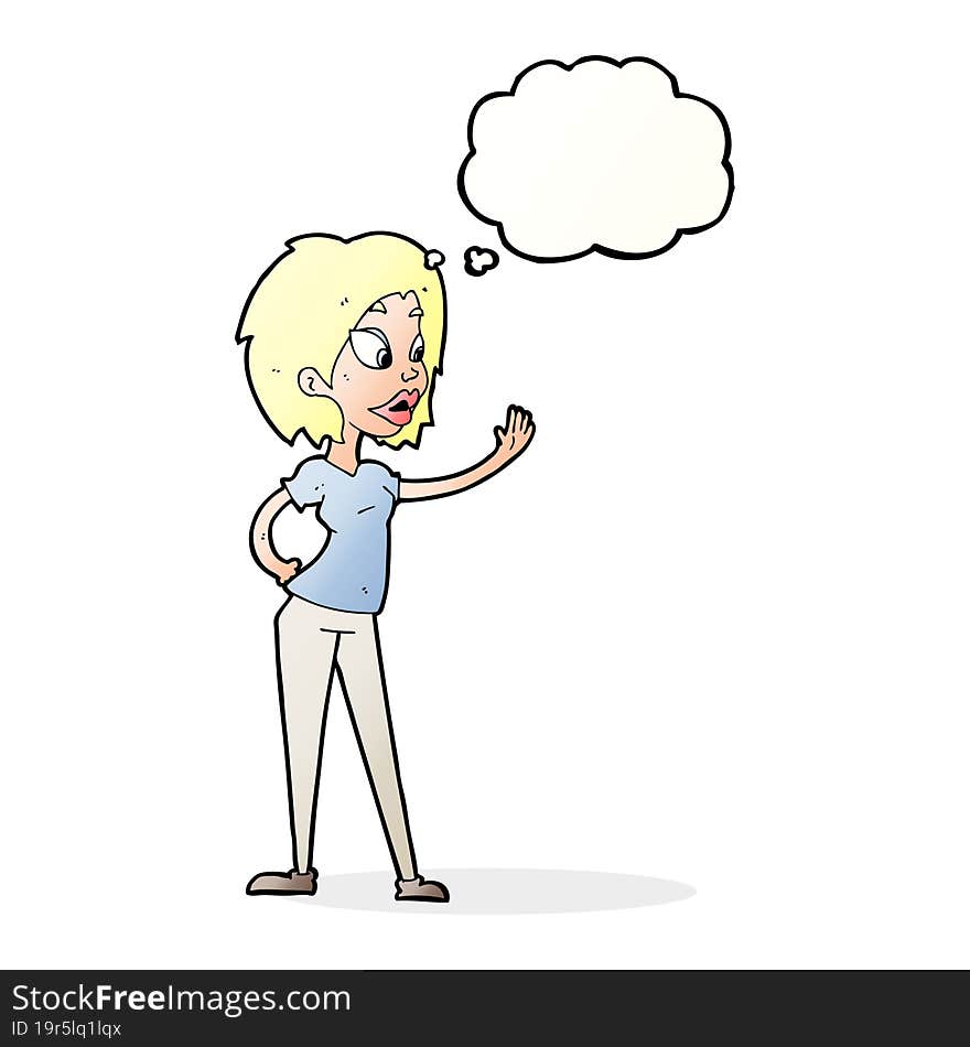 cartoon woman waving with thought bubble