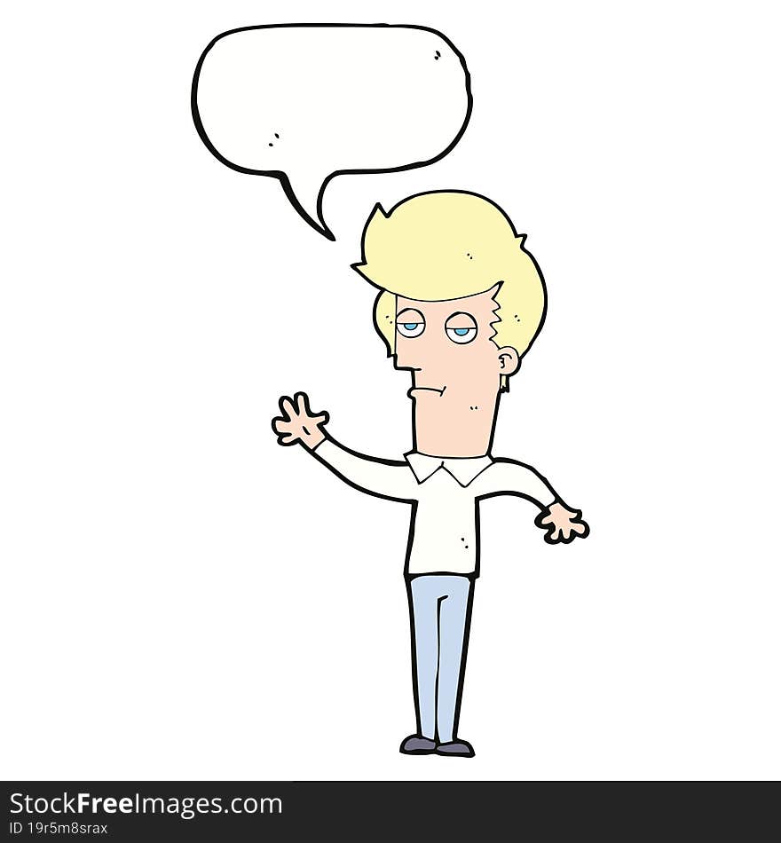 cartoon bored man waving with speech bubble