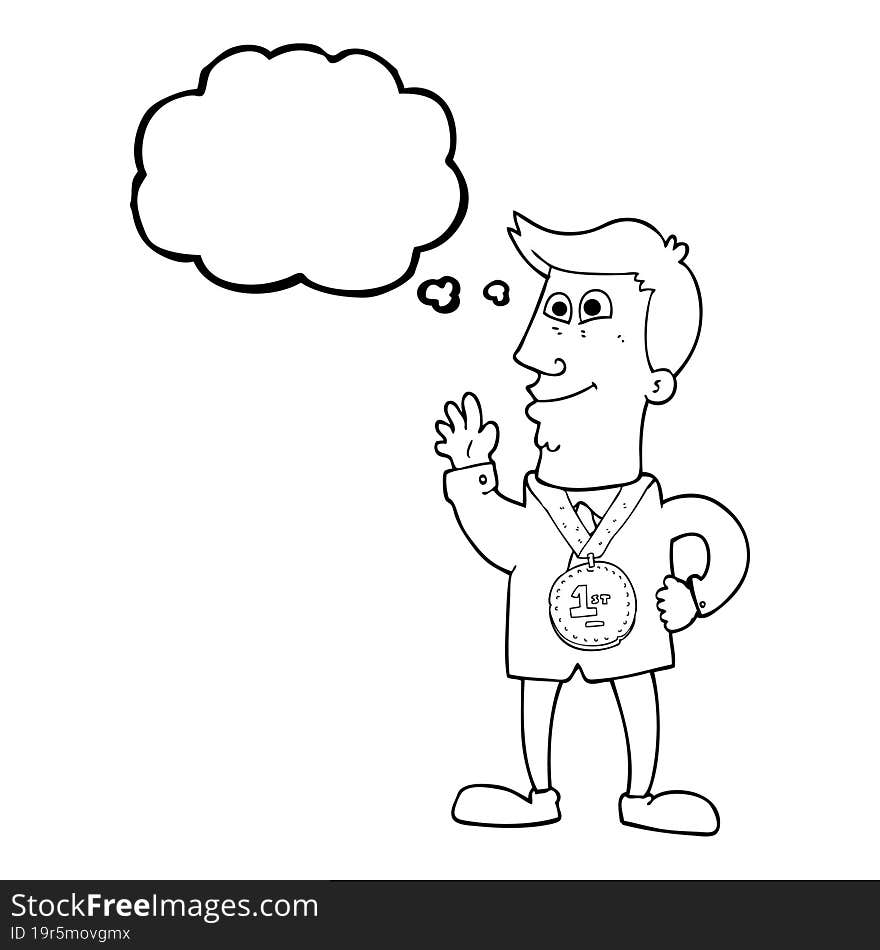 Thought Bubble Cartoon Waving Man With Award