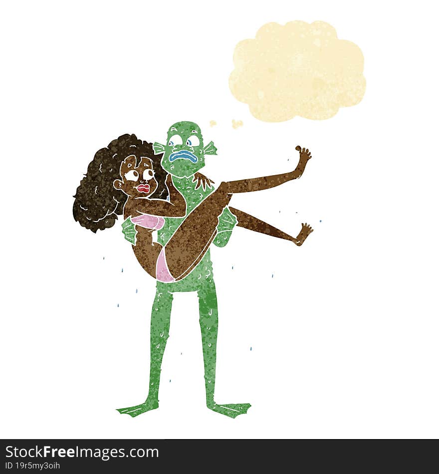 cartoon swamp monster carrying woman in bikini with thought bubble