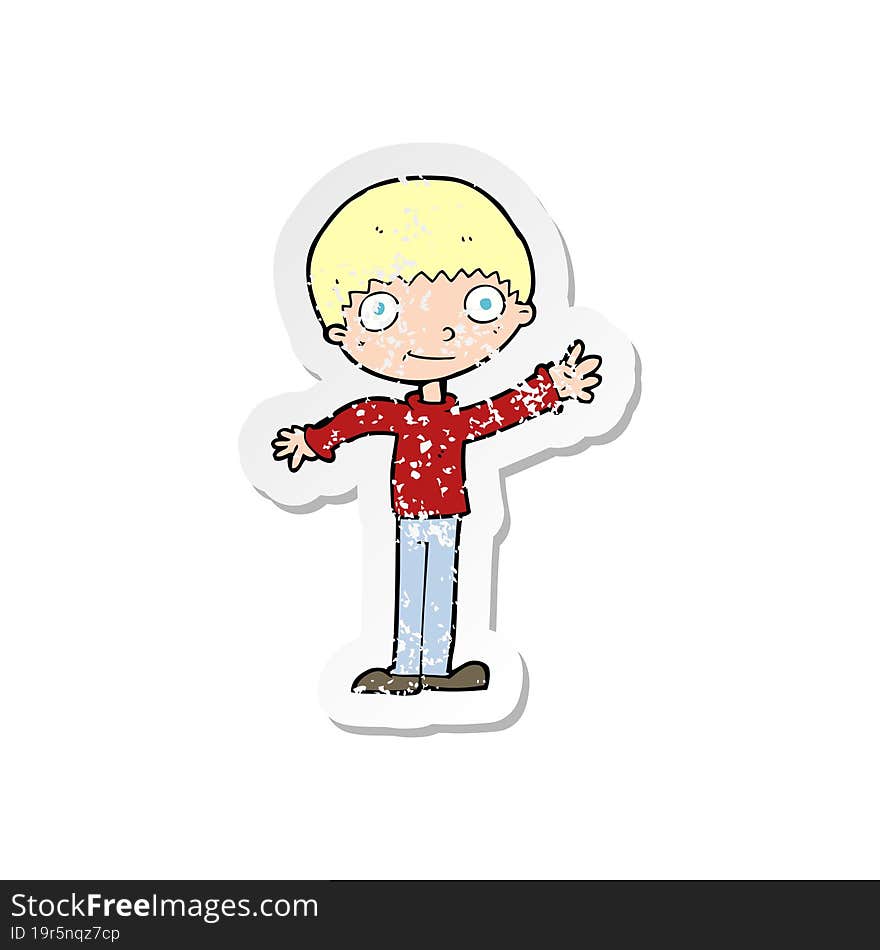 retro distressed sticker of a cartoon happy waving boy