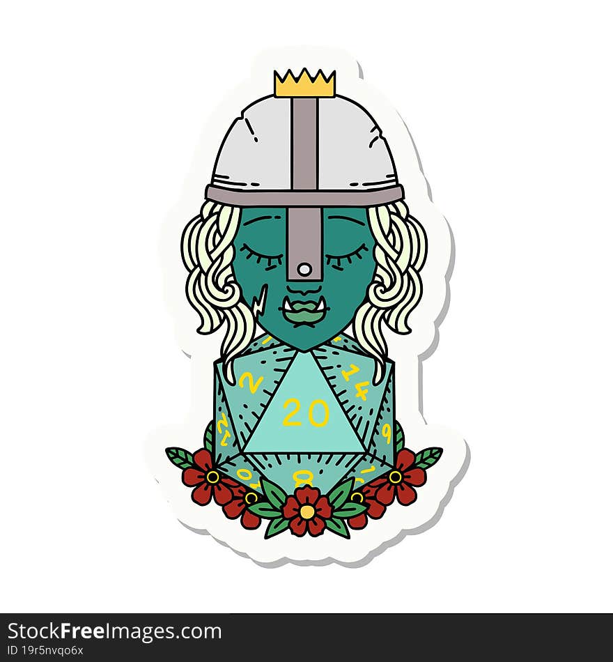 orc fighter character with natural twenty dice roll sticker