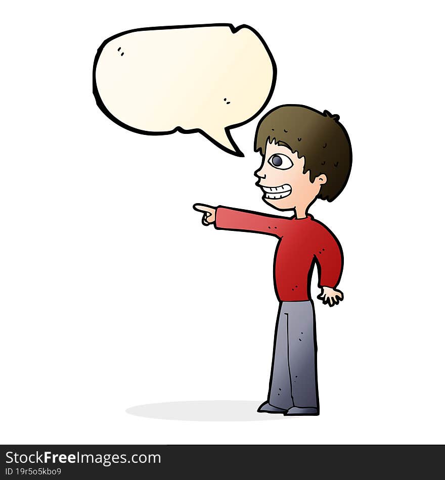 cartoon grinning boy pointing with speech bubble