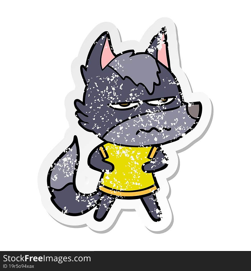 distressed sticker of a cartoon annoyed wolf