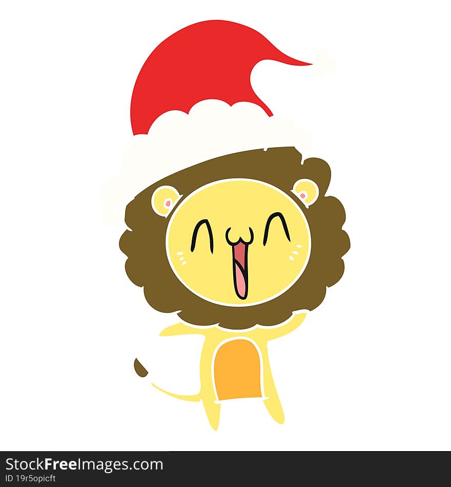 happy flat color illustration of a lion wearing santa hat