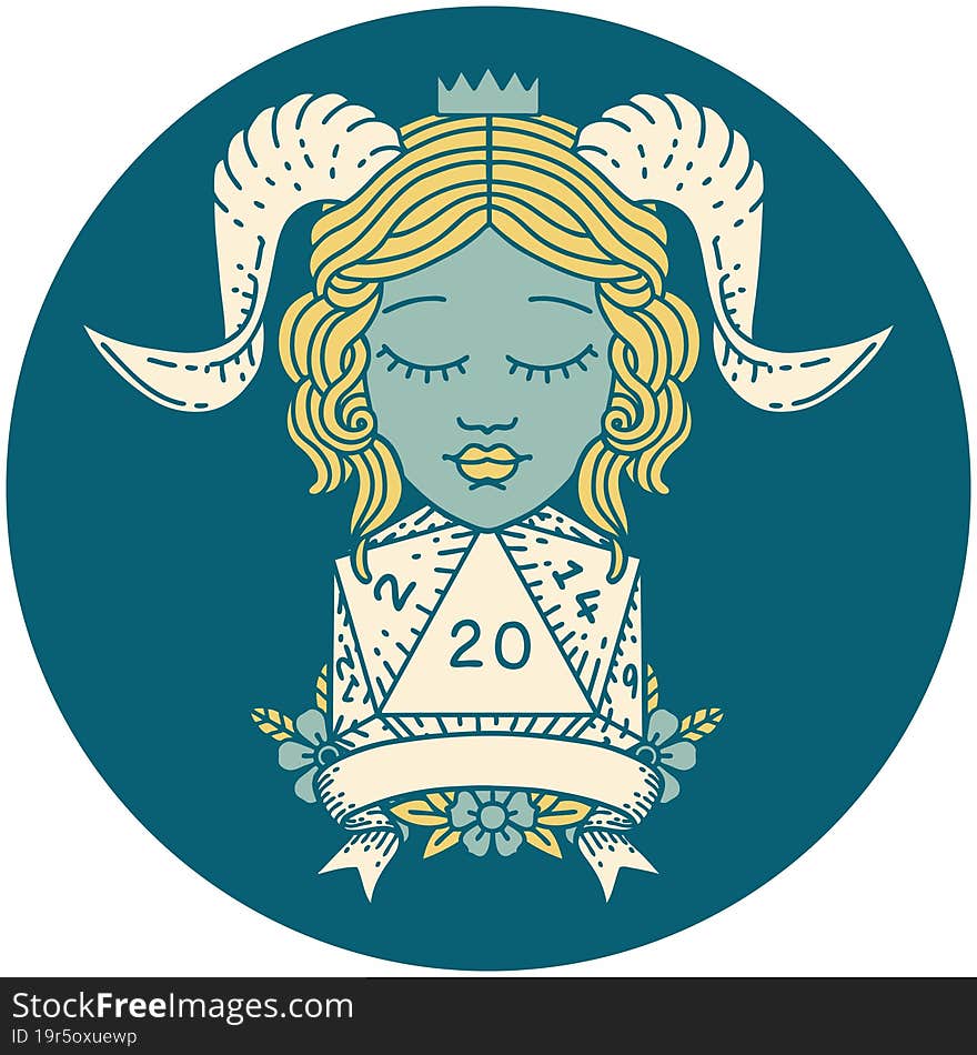 Retro Tattoo Style tiefling with natural 20 D20 roll. Retro Tattoo Style tiefling with natural 20 D20 roll