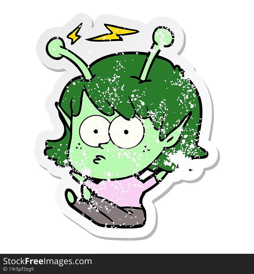 distressed sticker of a cartoon alien girl