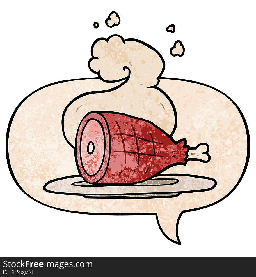 cartoon cooked meat and speech bubble in retro texture style