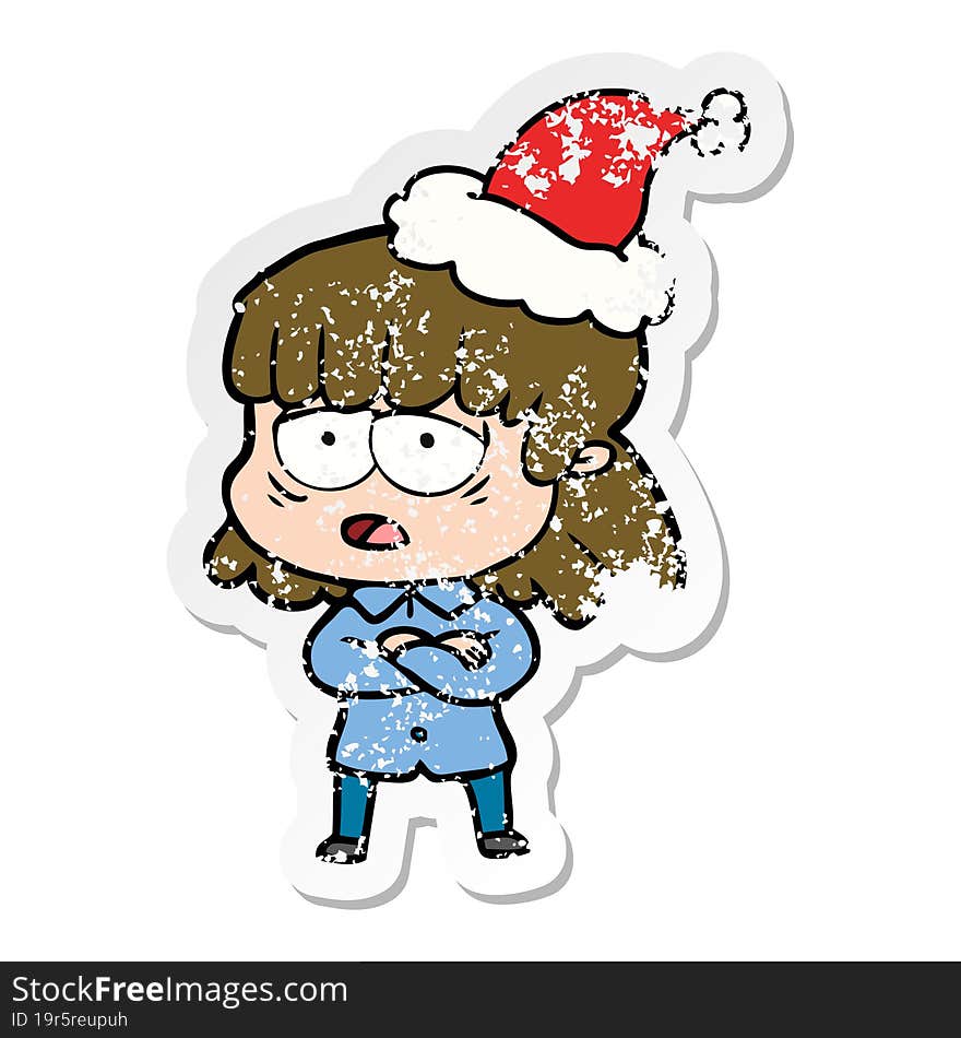 distressed sticker cartoon of a tired woman wearing santa hat