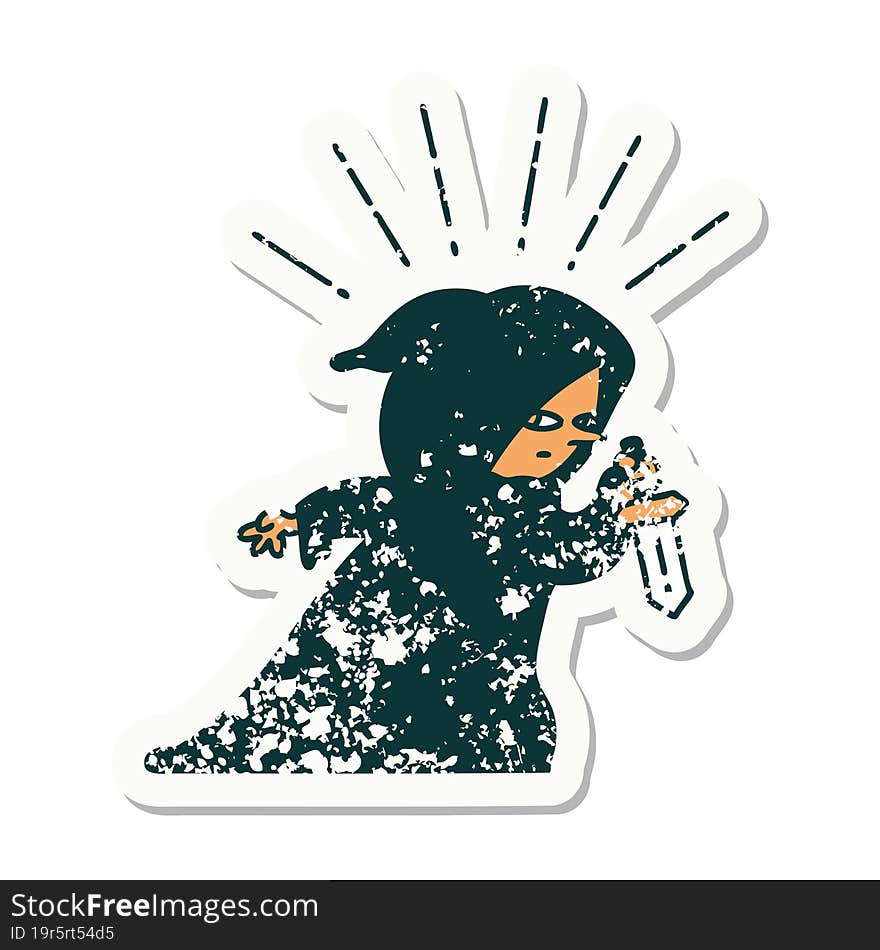 grunge sticker of tattoo style assassin with knife