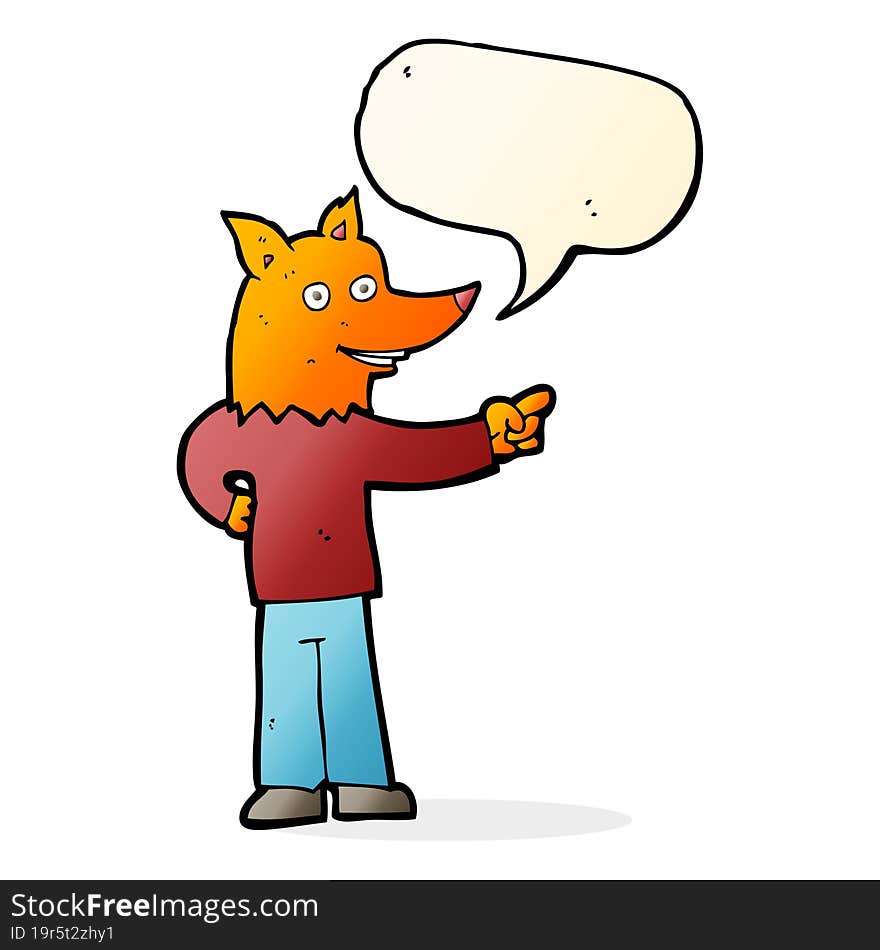 cartoon fox man pointing with speech bubble