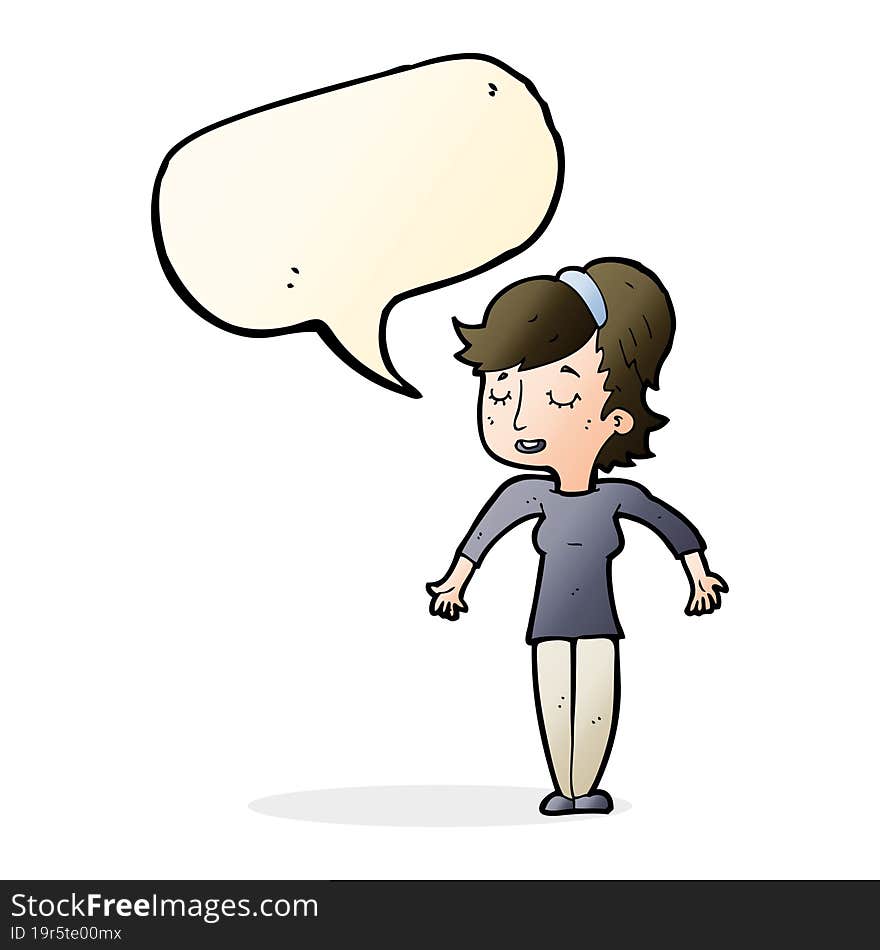 cartoon friendly woman shrugging shoulders with speech bubble