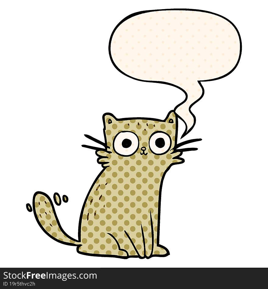 cartoon staring cat and speech bubble in comic book style