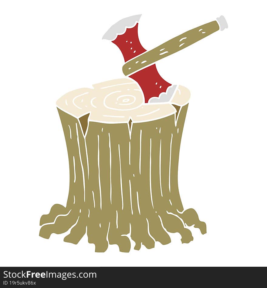 Flat Color Illustration Of A Cartoon Axe In Tree Stump