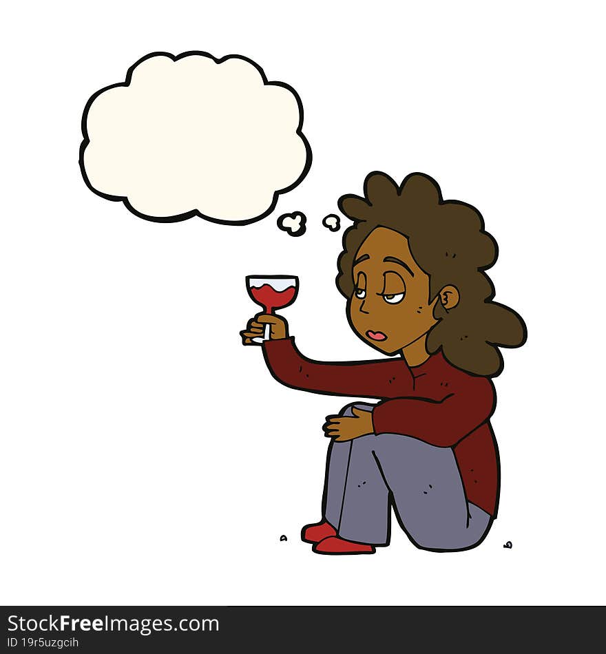 cartoon unhappy woman with glass of wine with thought bubble