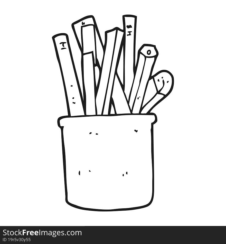 black and white cartoon desk pot of pencils and pens