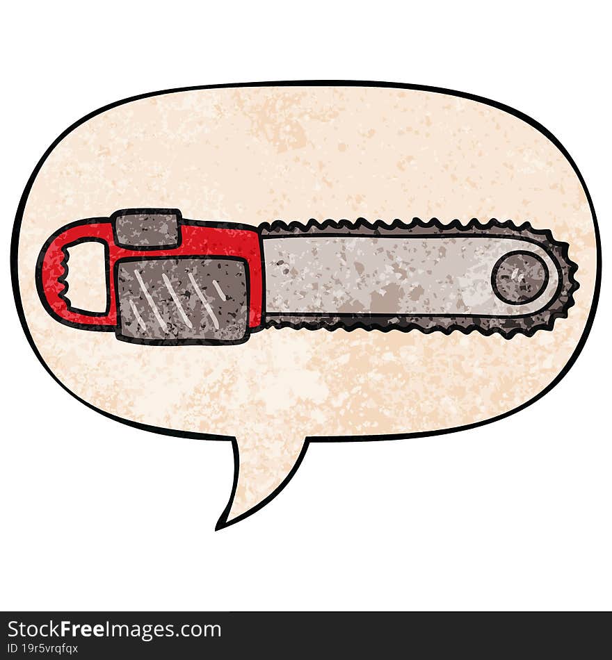 cartoon chainsaw and speech bubble in retro texture style