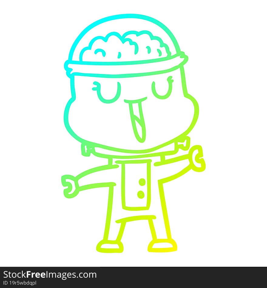 cold gradient line drawing happy cartoon robot waving