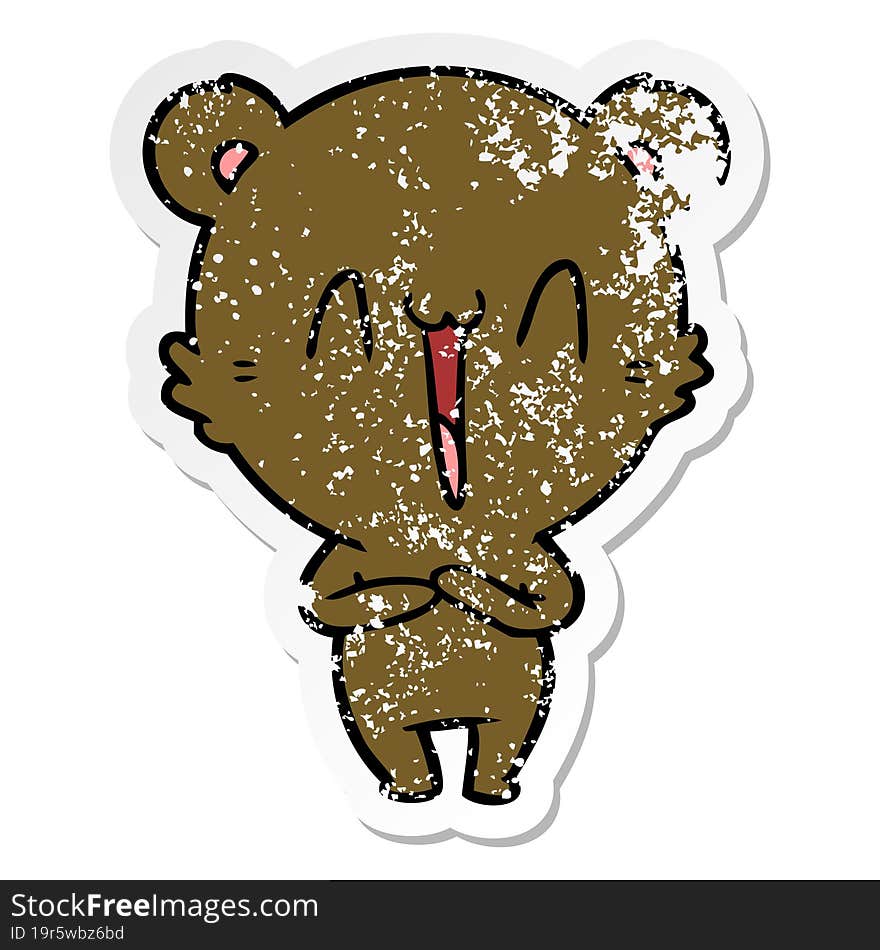 distressed sticker of a happy bear cartoon