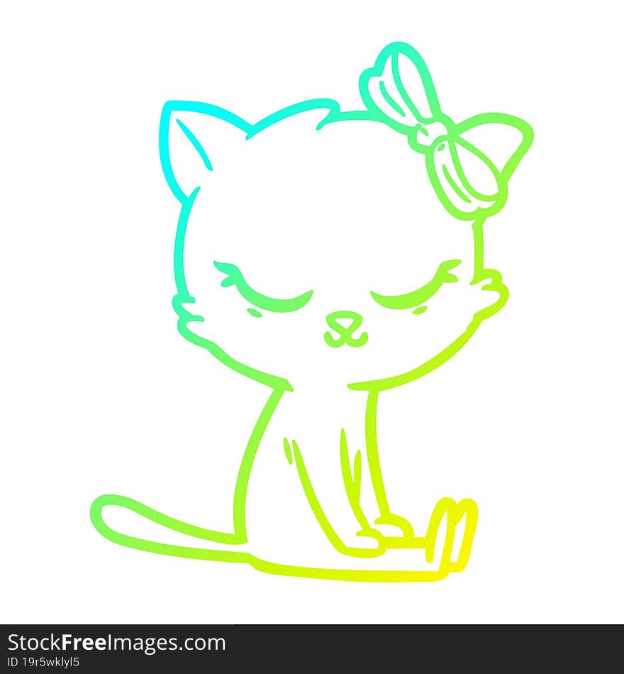 cold gradient line drawing of a cute cartoon cat with bow