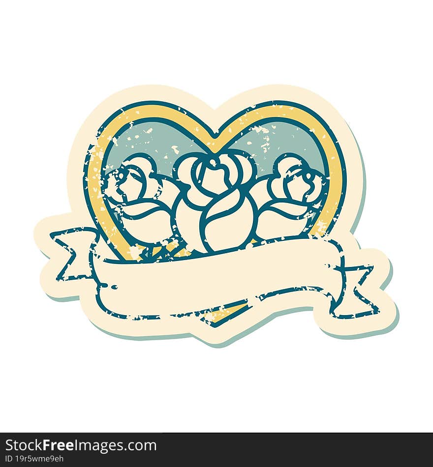 distressed sticker tattoo style icon of a heart and banner with flowers