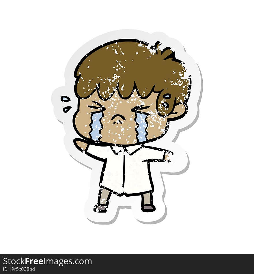 distressed sticker of a cartoon boy crying