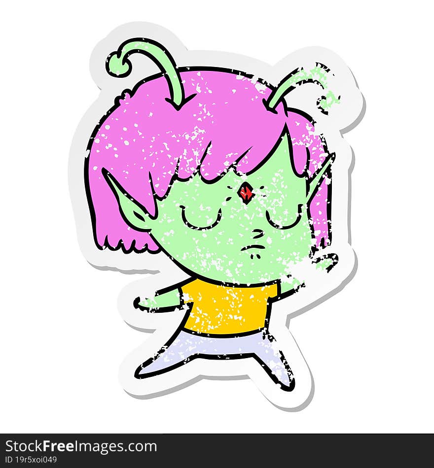 distressed sticker of a cartoon alien girl