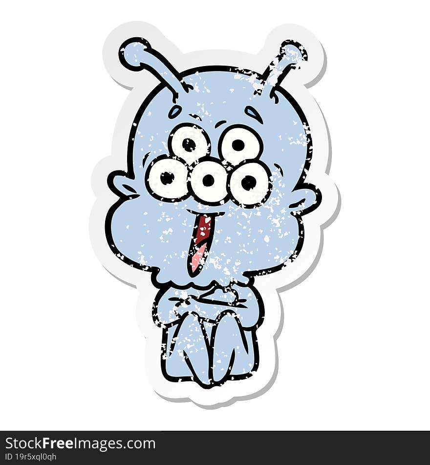 distressed sticker of a happy cartoon alien