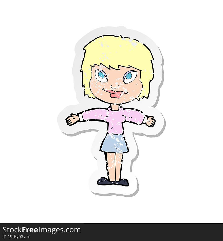 retro distressed sticker of a cartoon woman with open amrs