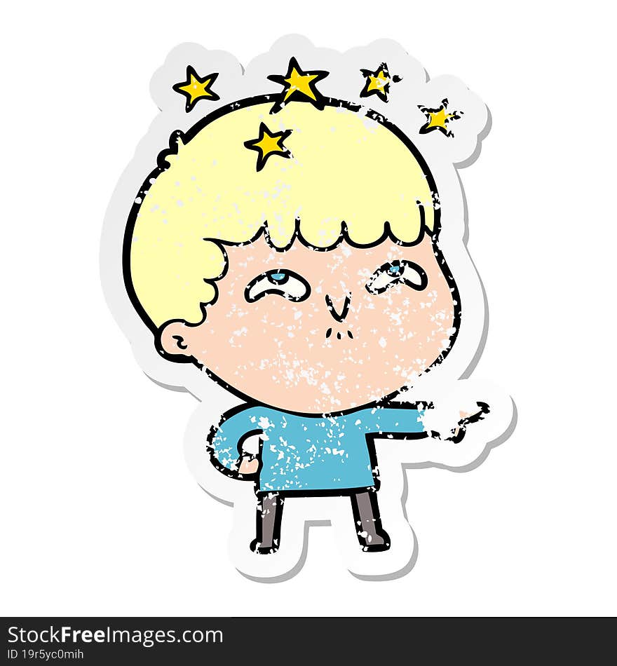 distressed sticker of a cartoon amazed boy