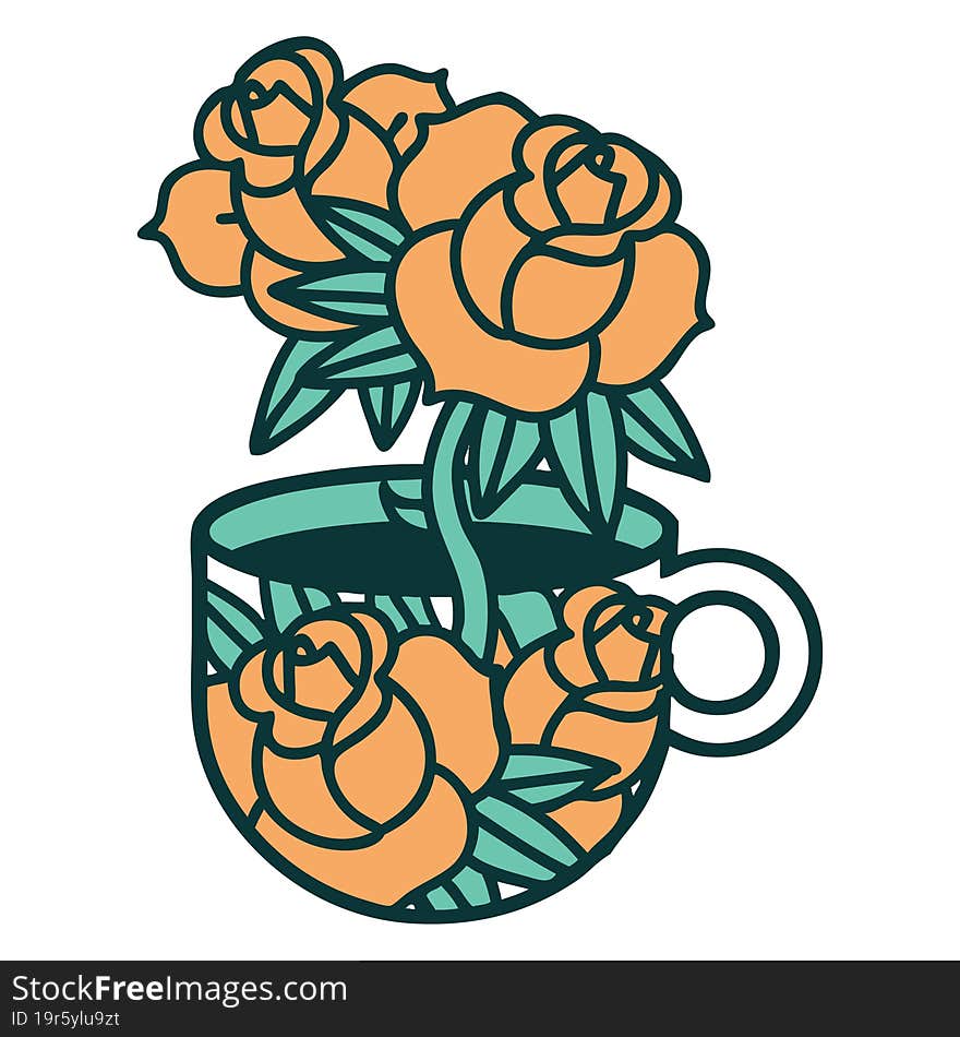 Tattoo Style Icon Of A Cup And Flowers