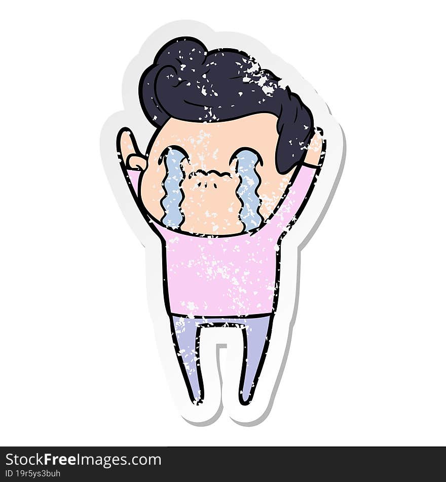 distressed sticker of a cartoon man crying