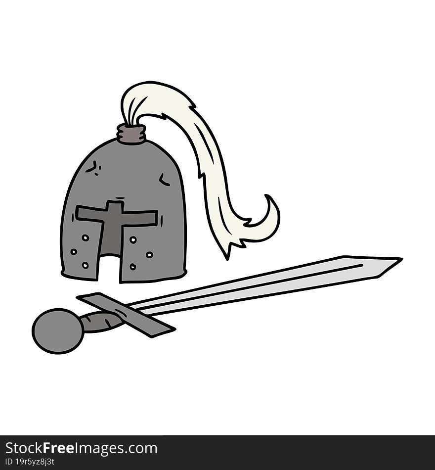 Cartoon Doodle Of A Medieval Helmet And Sword