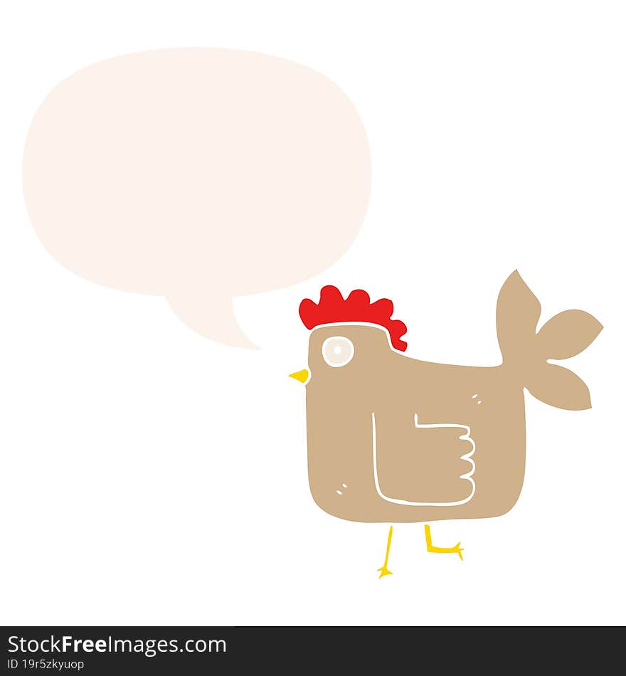 cartoon chicken and speech bubble in retro style