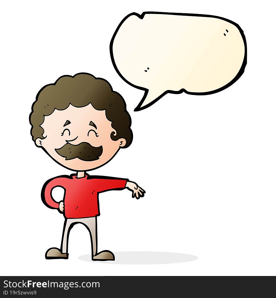 cartoon man making camp gesture with speech bubble