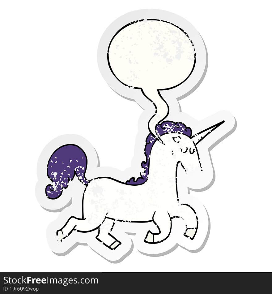 cartoon unicorn with speech bubble distressed distressed old sticker. cartoon unicorn with speech bubble distressed distressed old sticker