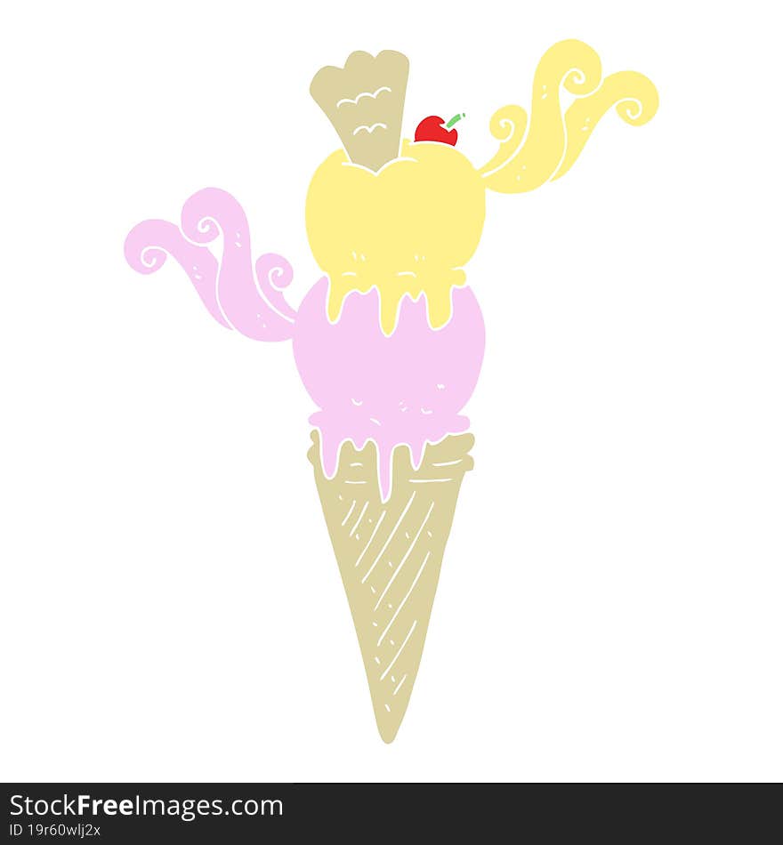 Flat Color Illustration Of A Cartoon Ice Cream Cone