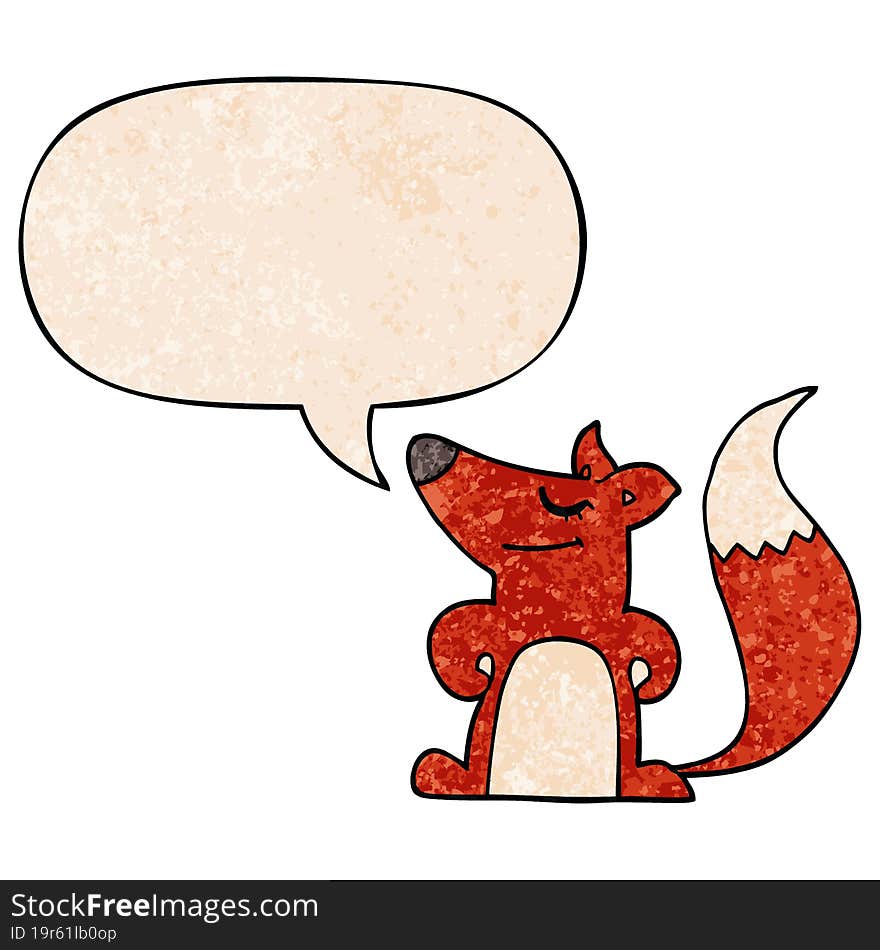 cartoon fox and speech bubble in retro texture style