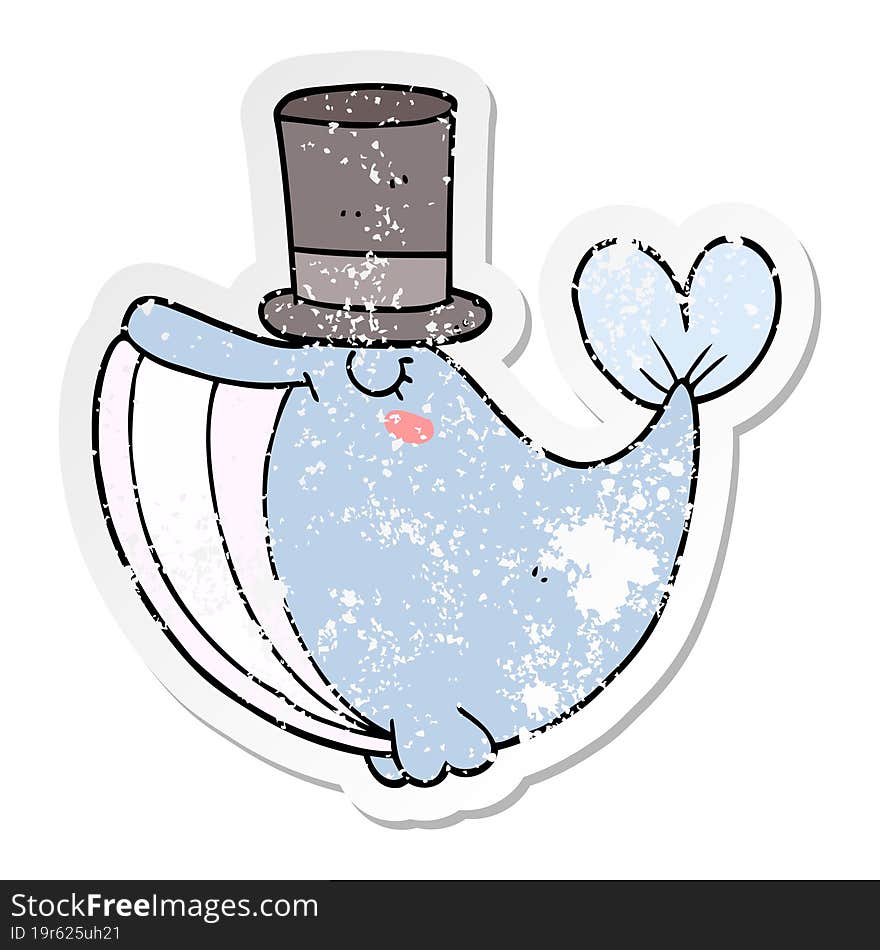 distressed sticker of a cartoon whale with top hat