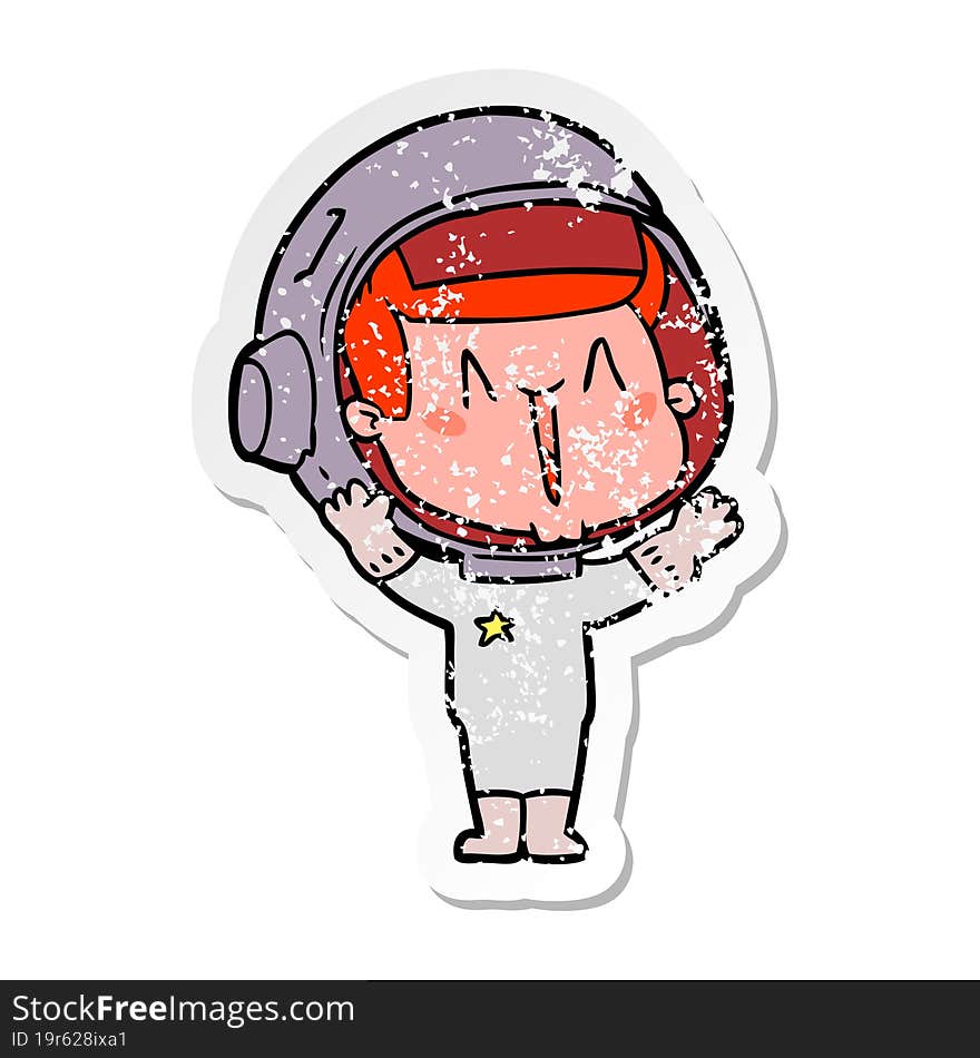 distressed sticker of a happy cartoon astronaut