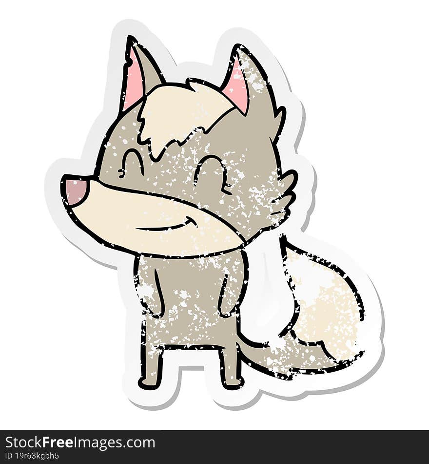 distressed sticker of a friendly cartoon wolf