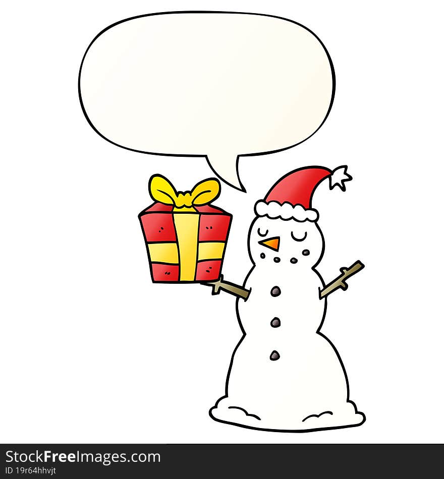 Cartoon Snowman And Present And Speech Bubble In Smooth Gradient Style