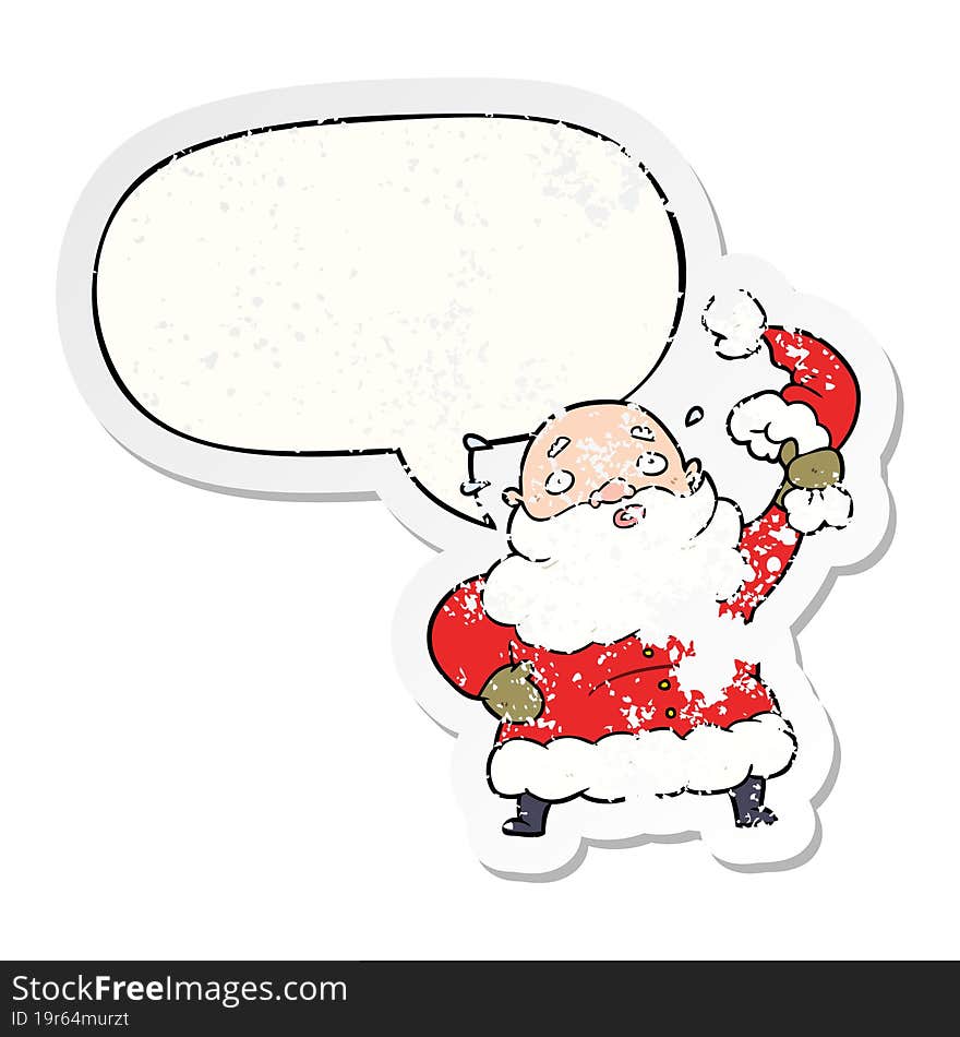 Cartoon Santa Claus Waving His Hat And Speech Bubble Distressed Sticker