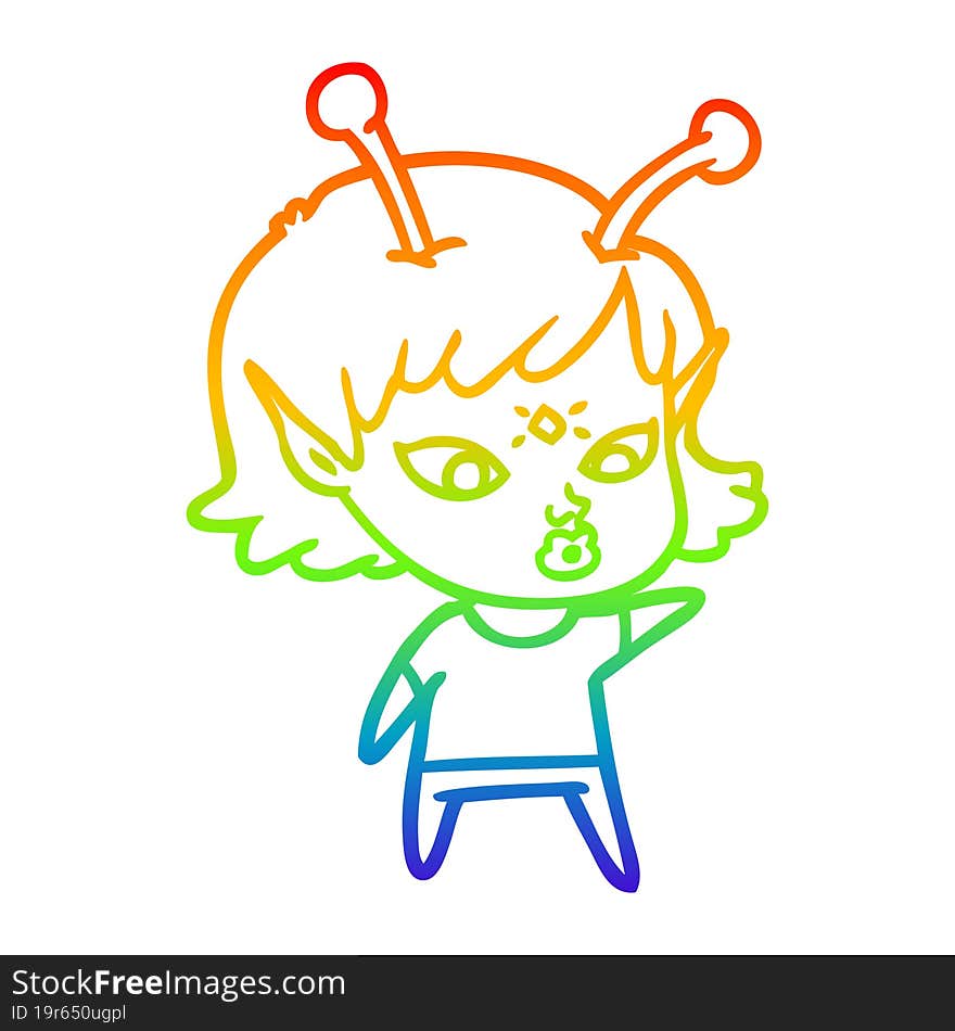 rainbow gradient line drawing pretty cartoon alien girl