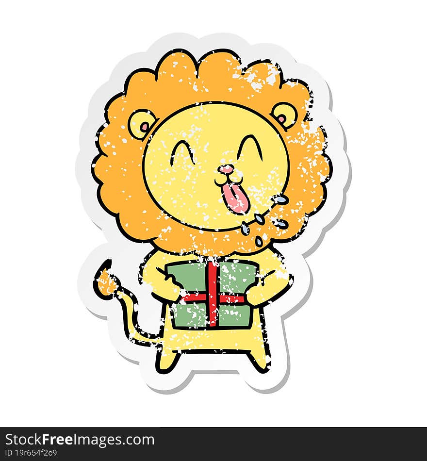 distressed sticker of a happy cartoon lion