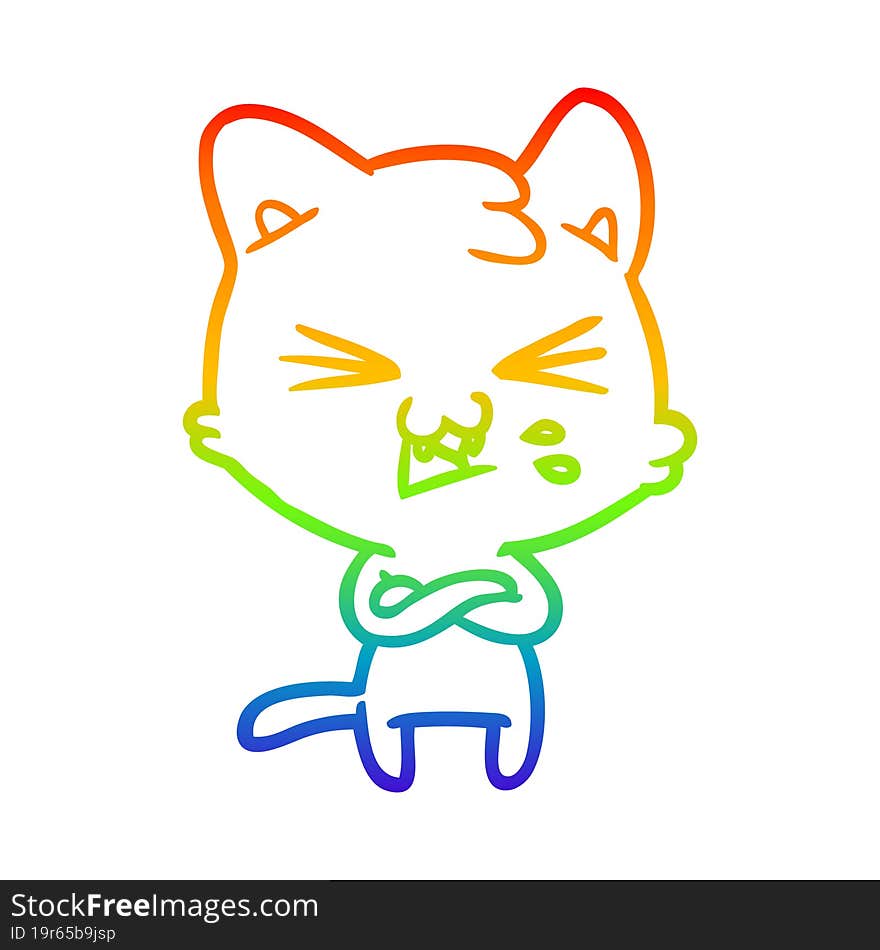 Rainbow Gradient Line Drawing Cartoon Cat Hissing