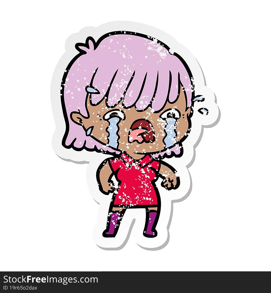 Distressed Sticker Of A Cartoon Girl Crying