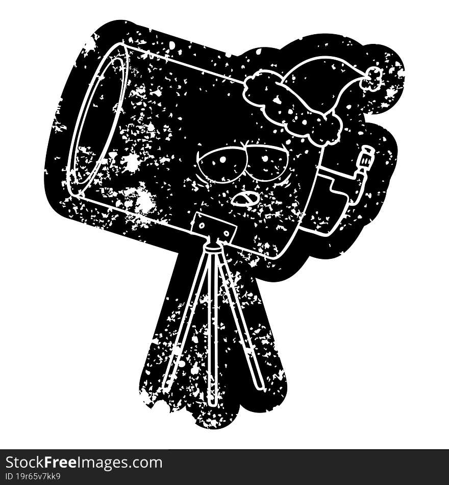 quirky cartoon icon of a bored telescope with face wearing santa hat